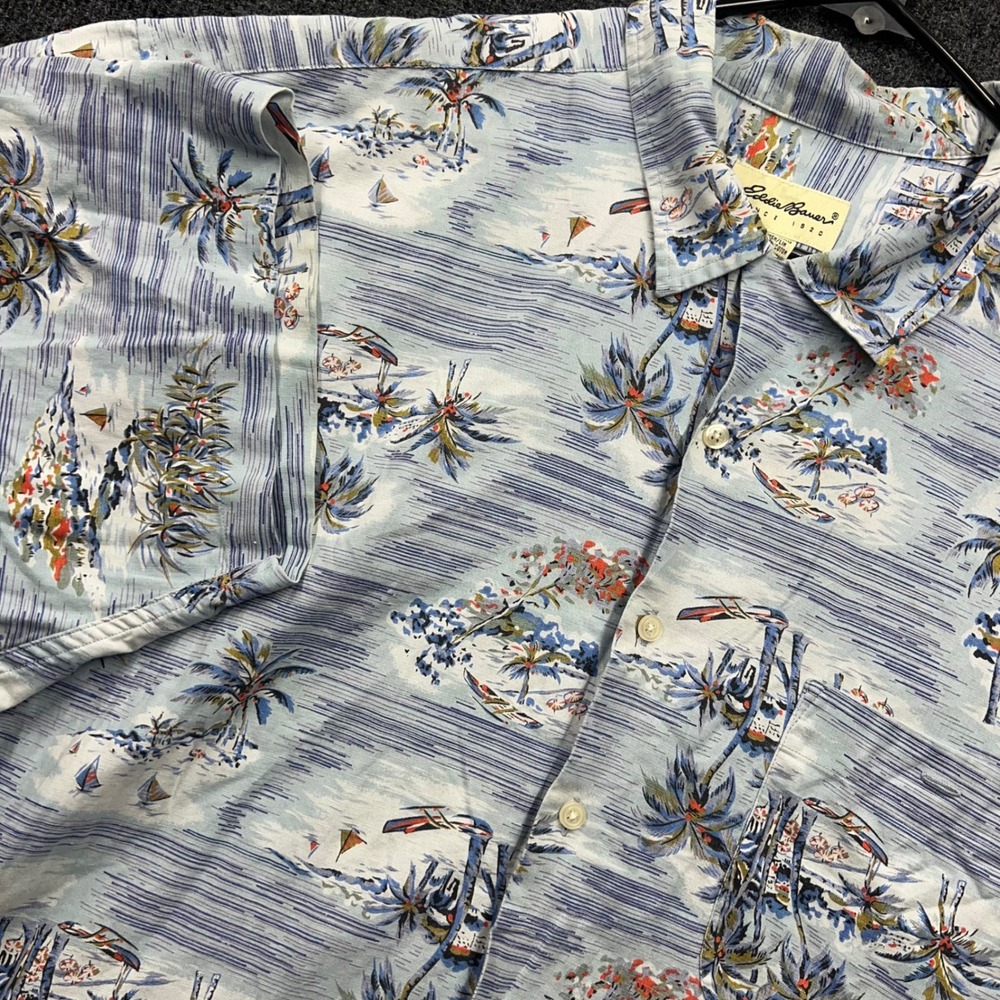 Vintage Eddie Bauer Mens XXL Blue Tropical Palm Tree Linen Cotton Button Down